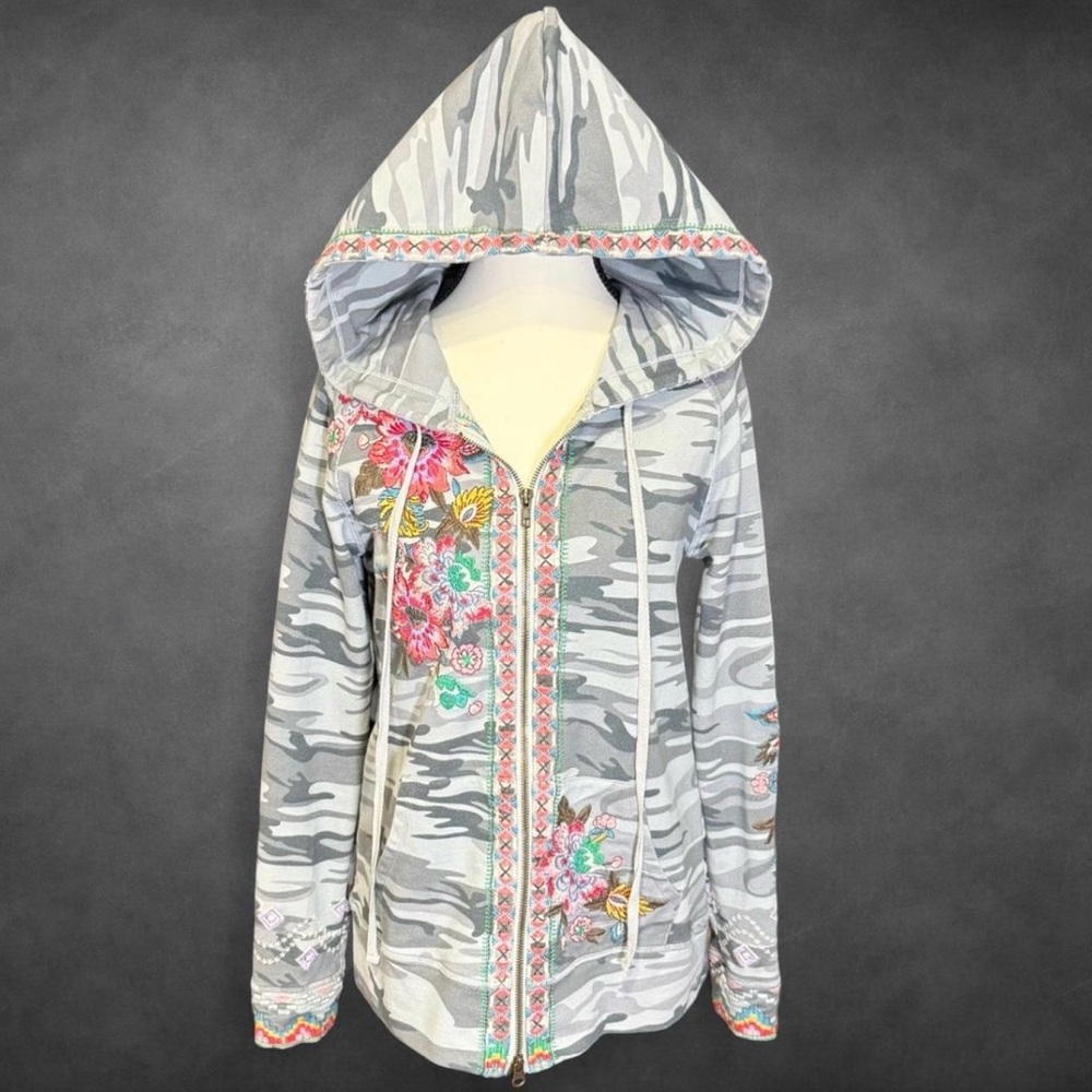 Johnny Was Gray Camouflage Hoodie‎ with Gorgeous Embroidery